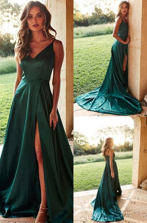 A Line V Neck Green Satin Long Prom Dresses, Green Long Formal Evening Dresses