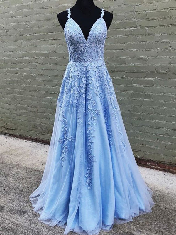 A Line V Neck Sky Blue Lace Prom Dresses, Light Blue Lace Formal Eveni - shegown A Line V Neck Sky Blue Lace Prom Dresses, Light Blue Lace Formal Eveni - shegown