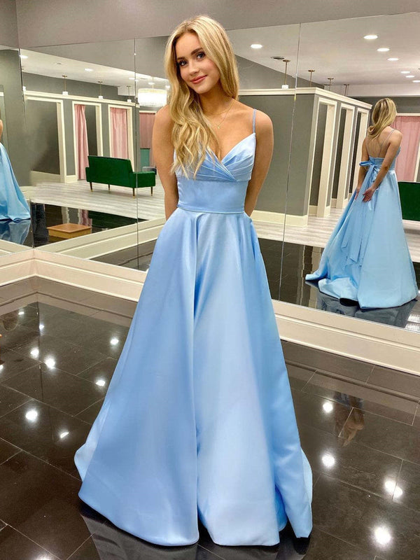 A Line V Neck Light Blue Prom Dresses, Light Blue V Neck Long Formal Evening Dresses, US 12 / Blue as Pics / No Rush