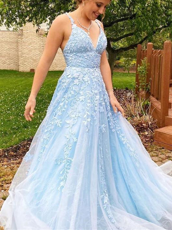 A Line V Neck Light Blue White Lace Prom Dresses Light Blue White Lace Formal Evening Dresses