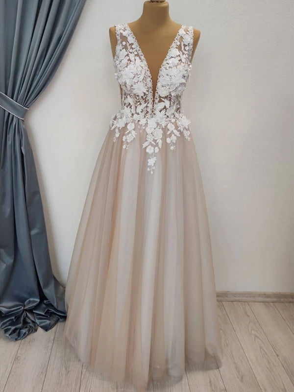A Line V Neck Long Champagne Lace Wedding Dresses, Champagne Lace Long -  shegown