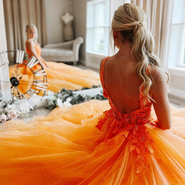 A Line V Neck Orange Lace Prom Dresses, Orange Lace Formal Graduation