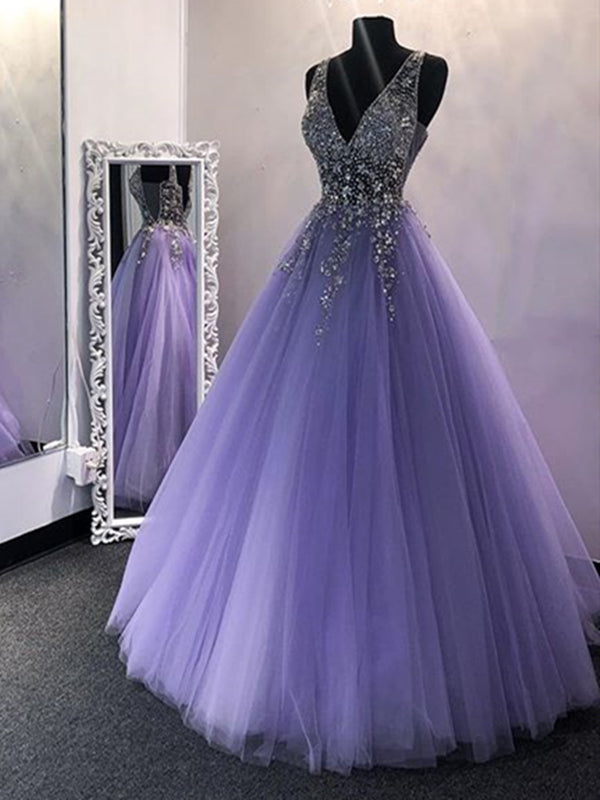 A Line V Neck Purple Beaded Long Prom Dresses, Lilac Long Formal Evening Dresses with Beadings A Line V Neck Purple Beaded Long Prom Dresses, Lilac Long Formal Evening Dresses with Beadings