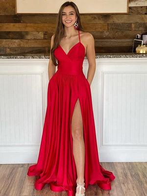 A Line V Neck Red High Slit Prom Dresses, V Neck Red Long Formal Graduation Dresses