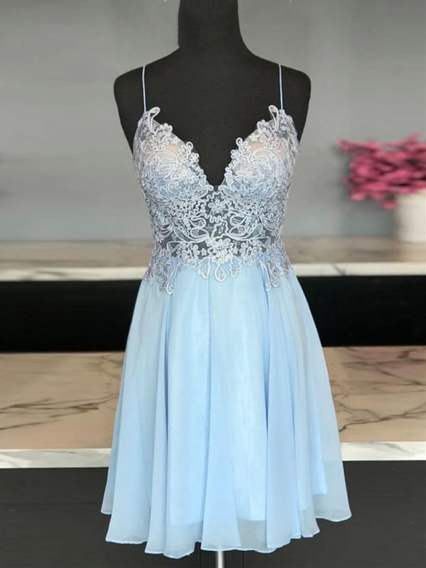 A Line V Neck Short Blue Lace Prom Dresses, Short Blue Lace Formal Hom -  shegown