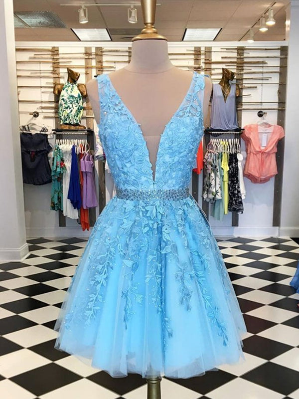 A Line V Neck Short Blue Lace Prom Dresses, Short Blue Lace Formal Hom - shegown A Line V Neck Short Blue Lace Prom Dresses, Short Blue Lace Formal Hom - shegown
