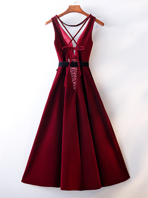 A Line V Neck Short Burgundy Prom Dresses, Wine Red Short Formal Gradu