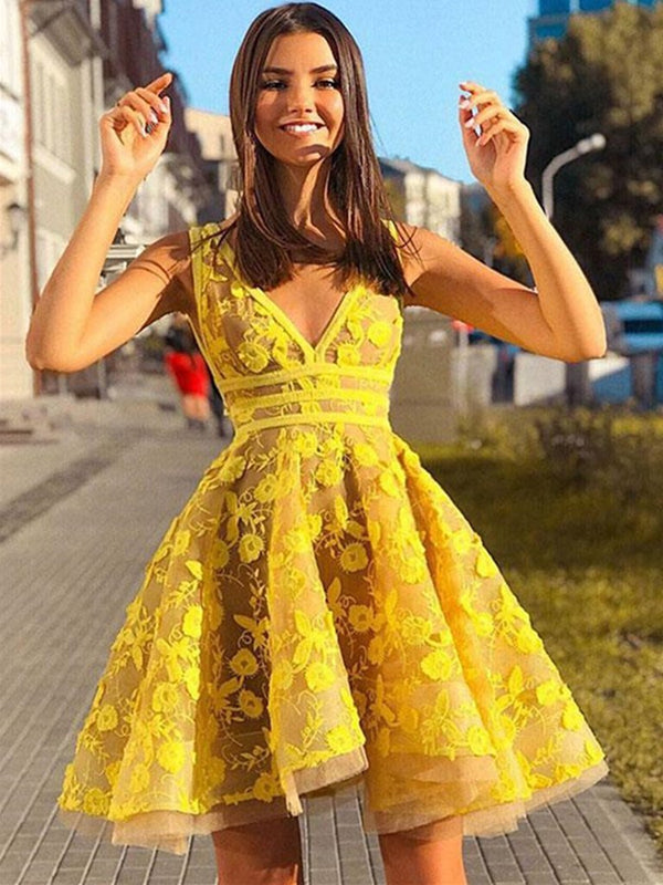 A Line V Neck Short Yellow Lace Prom Dresses, Short Yellow Lace Formal Homecoming Dresses, US 14 / Custom Color / No Rush