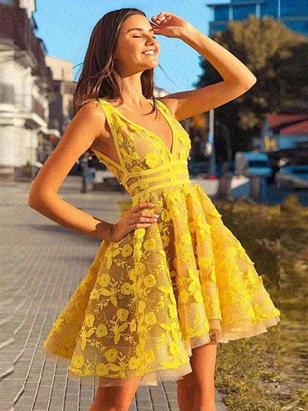 A Line V Neck Short Yellow Lace Prom Dresses, Short Yellow Lace Formal Homecoming Dresses, US 14 / Custom Color / No Rush
