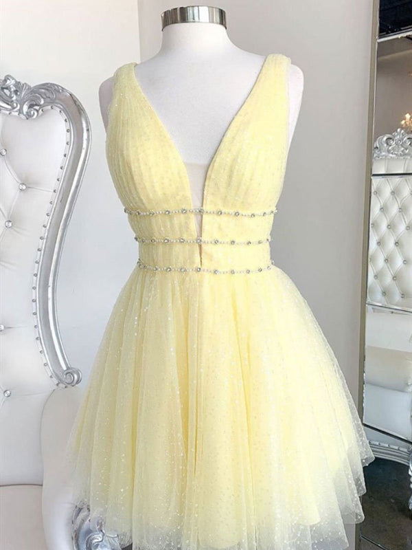 A Line V Neck Short Yellow Prom Dresses, Short V Neck Yellow Formal Ho - shegown A Line V Neck Short Yellow Prom Dresses, Short V Neck Yellow Formal Ho - shegown
