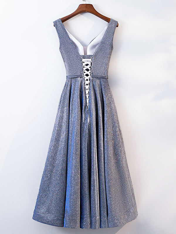 A Line V Neck Tea Length Gray/Pink Prom Dresses, Shiny Tea Length Form - shegown A Line V Neck Tea Length Gray/Pink Prom Dresses, Shiny Tea Length Form - shegown
