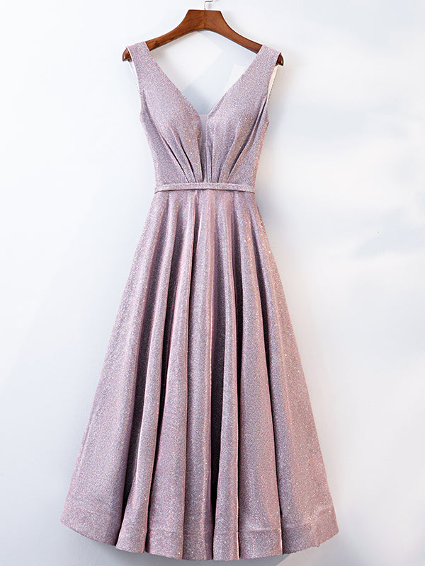 A Line V Neck Tea Length Gray/Pink Prom Dresses, Shiny Tea Length Form - shegown A Line V Neck Tea Length Gray/Pink Prom Dresses, Shiny Tea Length Form - shegown