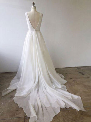 A Line V Neck White Wedding Dresses, White V Neck Prom Formal Evening Dresses