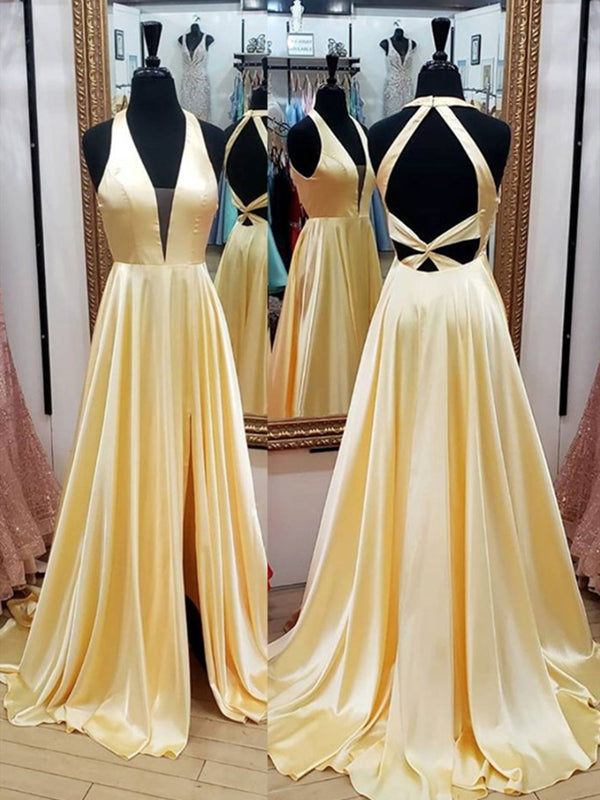 A Line V Neck Yellow Satin Long Prom Dresses, V Neck Backless Yellow F