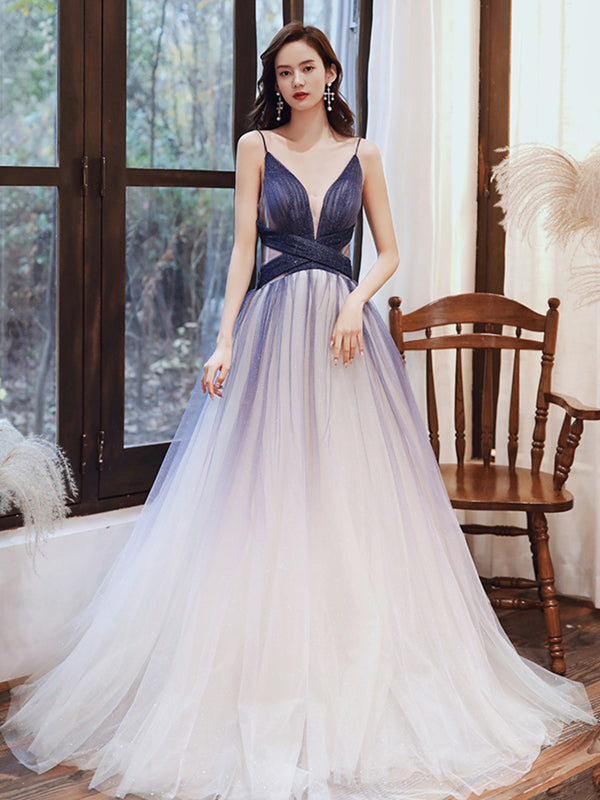A Line V Neck Blue Ombre Long Prom Dress with Corset Back, Ombre Blue - shegown A Line V Neck Blue Ombre Long Prom Dress with Corset Back, Ombre Blue - shegown