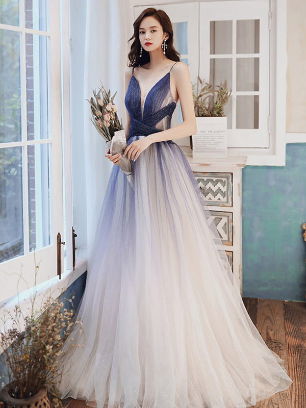 A Line V Neck Blue Ombre Long Prom Dress with Corset Back, Ombre Blue Formal Evening Dresses A Line V Neck Blue Ombre Long Prom Dress with Corset Back, Ombre Blue Formal Evening Dresses