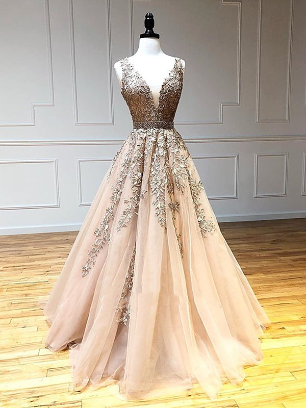 A Line V Neck Champagne Lace Prom Dresses, V Neck Champagne Lace Forma - shegown A Line V Neck Champagne Lace Prom Dresses, V Neck Champagne Lace Forma - shegown
