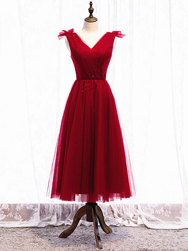 open lace back dress Burgundy A-Line Prom Dress,Lace Tea Length Homecoming Dress,Vintage Prom Dress PD00029, US4 / Red main image 0