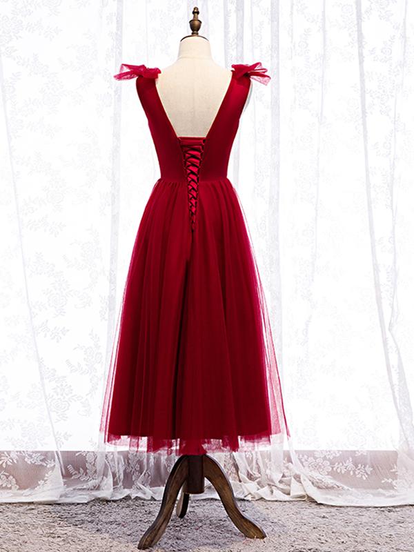 A Line V Neck Red Tea Length Prom Dress with Corset Back, Red Tea Leng - shegown A Line V Neck Red Tea Length Prom Dress with Corset Back, Red Tea Leng - shegown