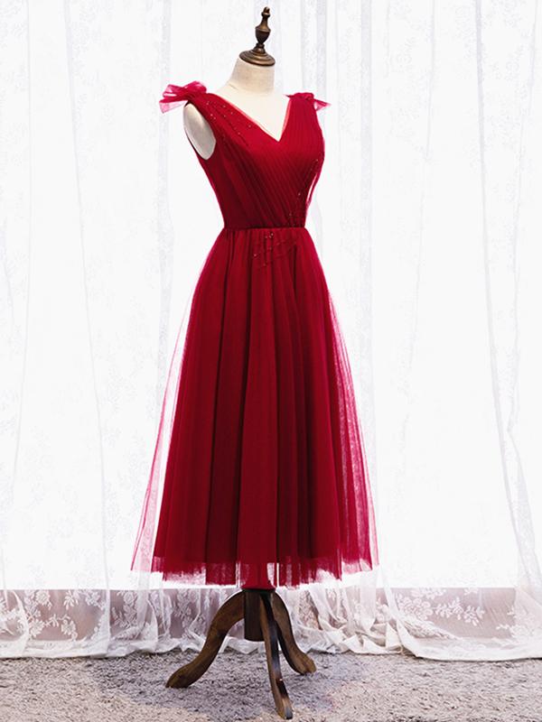 A Line V Neck Red Tea Length Prom Dress with Corset Back, Red Tea Leng - shegown A Line V Neck Red Tea Length Prom Dress with Corset Back, Red Tea Leng - shegown