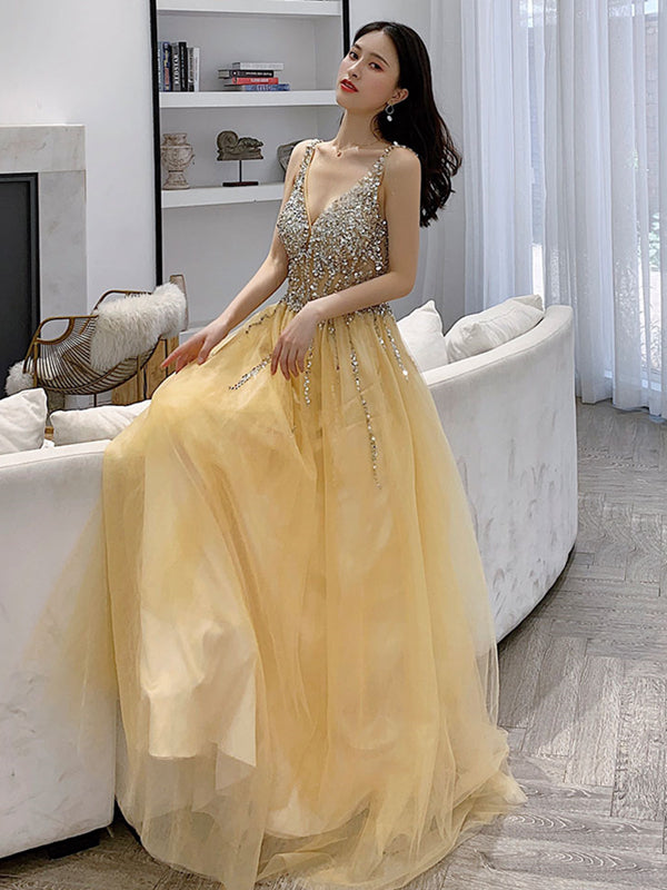 A Line V Neck Yellow Backless Long Prom Dresses, Open Back Yellow Long - shegown A Line V Neck Yellow Backless Long Prom Dresses, Open Back Yellow Long - shegown