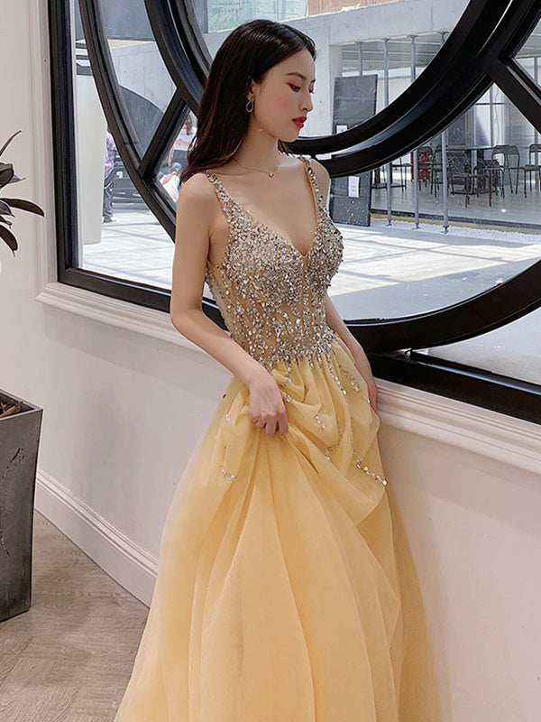 A Line V Neck Yellow Backless Long Prom Dresses, Open Back Yellow Long