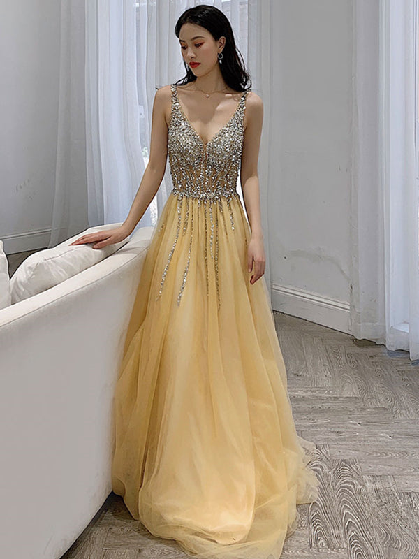 A Line V Neck Yellow Backless Long Prom Dresses, Open Back Yellow Long -  shegown