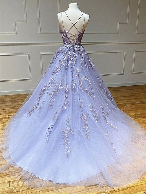 Backless Purple Lace Prom Dresses, Open Back Purple Lace Formal Evening Dresses, Custom Size / Purple as Pics / No Rush