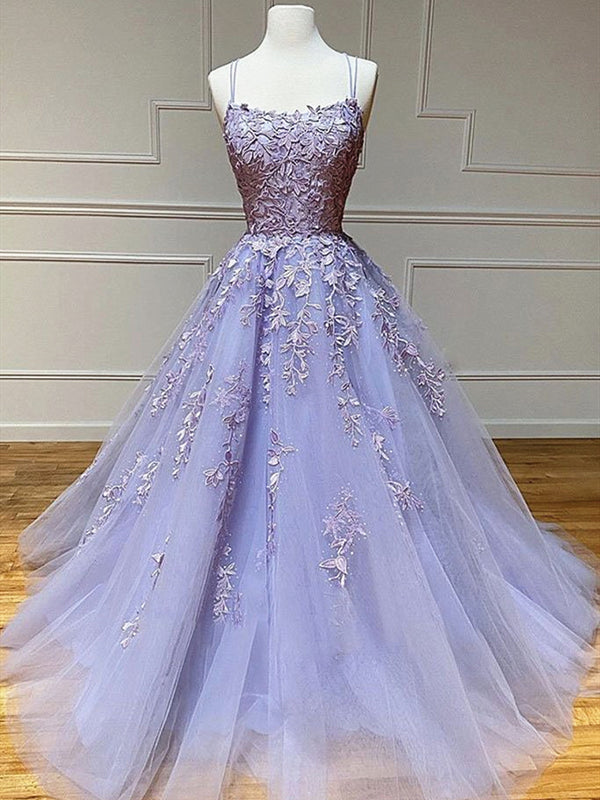 Backless Purple Lace Prom Dresses, Open Back Purple Lace Formal Evening  Dresses