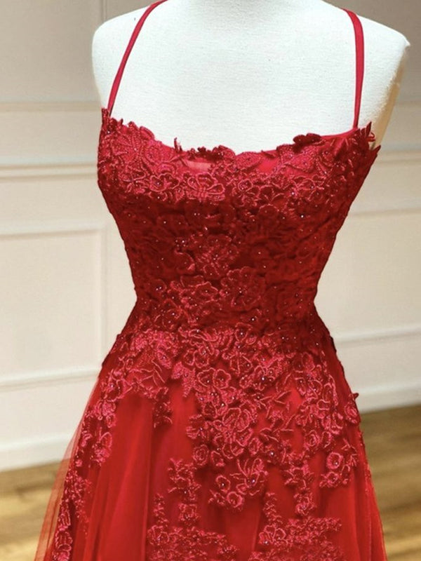Backless Red Lace Prom Dresses, Open Back Red Lace Formal Evening Dres