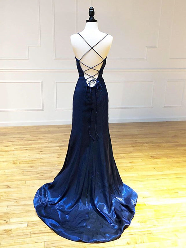Backless Dark Navy Blue Long Prom Dresses, Dark Navy Blue Formal Gradu - shegown Backless Dark Navy Blue Long Prom Dresses, Dark Navy Blue Formal Gradu - shegown