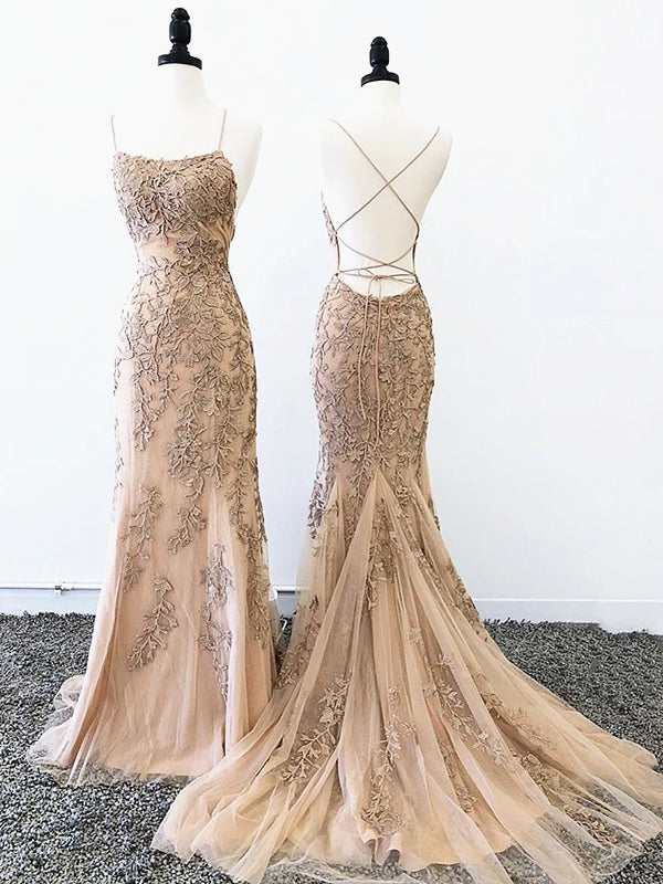 Backless Mermaid Champagne Lace Prom Dress, Champagne Backless Mermaid - shegown Backless Mermaid Champagne Lace Prom Dress, Champagne Backless Mermaid - shegown