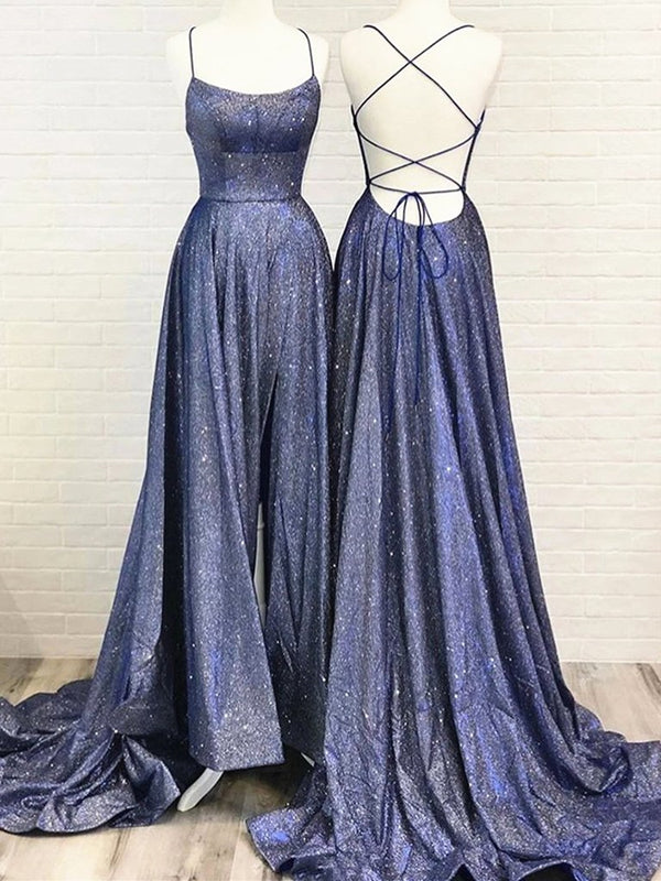 Bling Bling Backless Long Prom Dresses, Open Back Blue Long Formal Eve - shegown Bling Bling Backless Long Prom Dresses, Open Back Blue Long Formal Eve - shegown