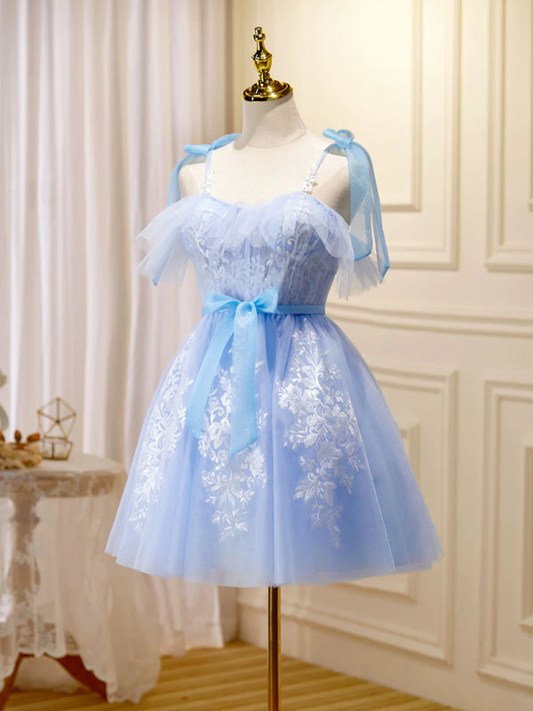 Cute Short Blue Lace Prom Dresses, Short Blue Lace Formal Graduation D