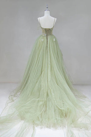 Elegant A Line Open Back Green Tulle Long Prom Dresses, Green Formal Graduation Evening Dresses