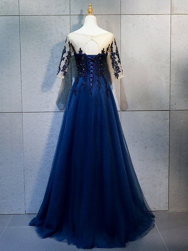 Half Sleeves Navy Blue Long Lace Prom Dresses, Dark Navy Blue Long Lac -  shegown