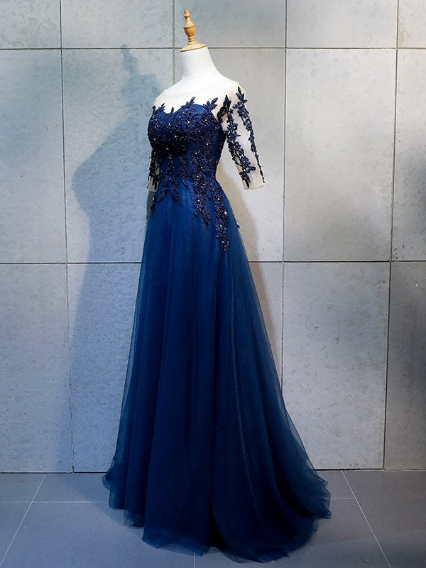 Half Sleeves Navy Blue Long Lace Prom Dresses, Dark Navy Blue Long Lac - shegown Half Sleeves Navy Blue Long Lace Prom Dresses, Dark Navy Blue Long Lac - shegown