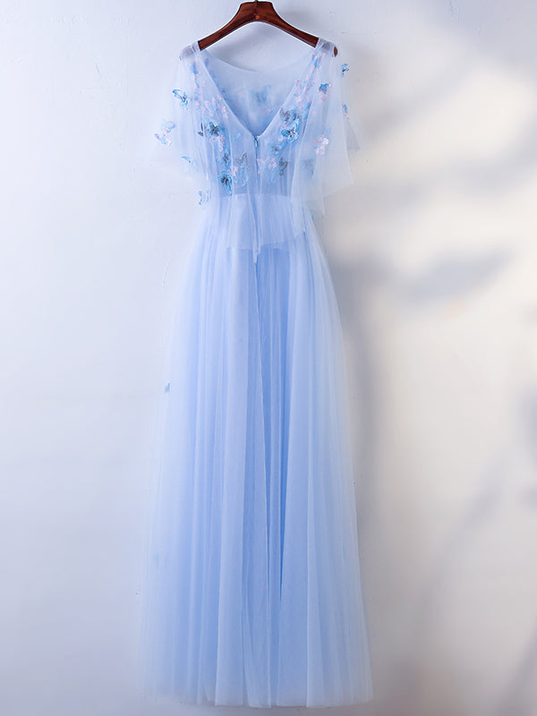 Half Sleeves Round Neck Blue Floral Long Prom Dresses, Blue Long Forma - shegown Half Sleeves Round Neck Blue Floral Long Prom Dresses, Blue Long Forma - shegown