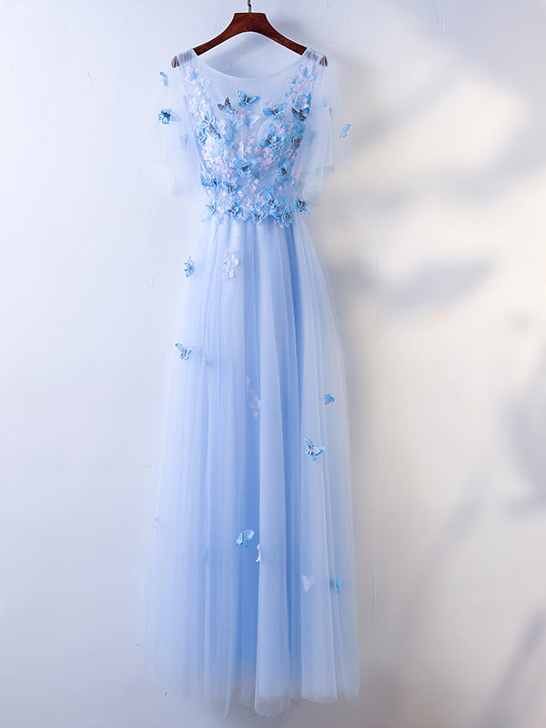 Half Sleeves Round Neck Blue Floral Long Prom Dresses, Blue Long Forma - shegown Half Sleeves Round Neck Blue Floral Long Prom Dresses, Blue Long Forma - shegown