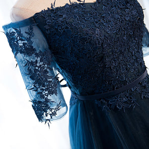 Half Sleeves Navy Blue Long Lace Prom Dresses, Navy Blue Lace Formal Bridesmaid Dresses