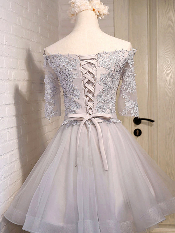 blue dress for baby girl Half Sleeves Short Gray/Blue Lace Prom Dresses, Short Gray/Blue Lace H