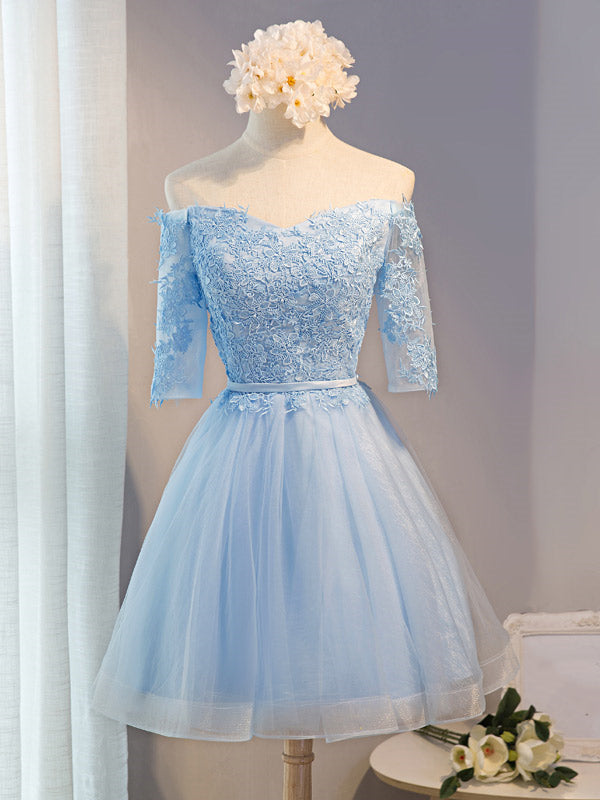 Half Sleeves Short Gray/Blue Lace Prom Dresses, Short Gray/Blue Lace H - shegown Half Sleeves Short Gray/Blue Lace Prom Dresses, Short Gray/Blue Lace H - shegown