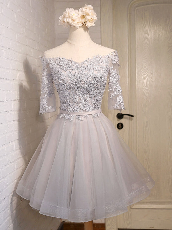 Half Sleeves Short Gray/Blue Lace Prom Dresses, Short Gray/Blue Lace H