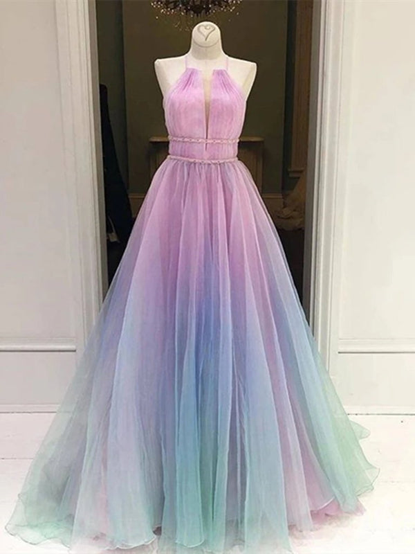 Halter Neck Ombre Long Prom Dresses Halter Neck Multi Color Long Form shegown