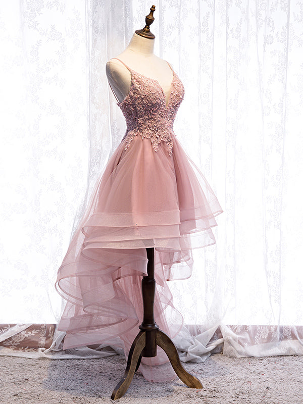 High Low Pink Lace Prom Dresses, Pink High Low Formal Graduation Homecoming Dresses High Low Pink Lace Prom Dresses, Pink High Low Formal Graduation Homecoming Dresses