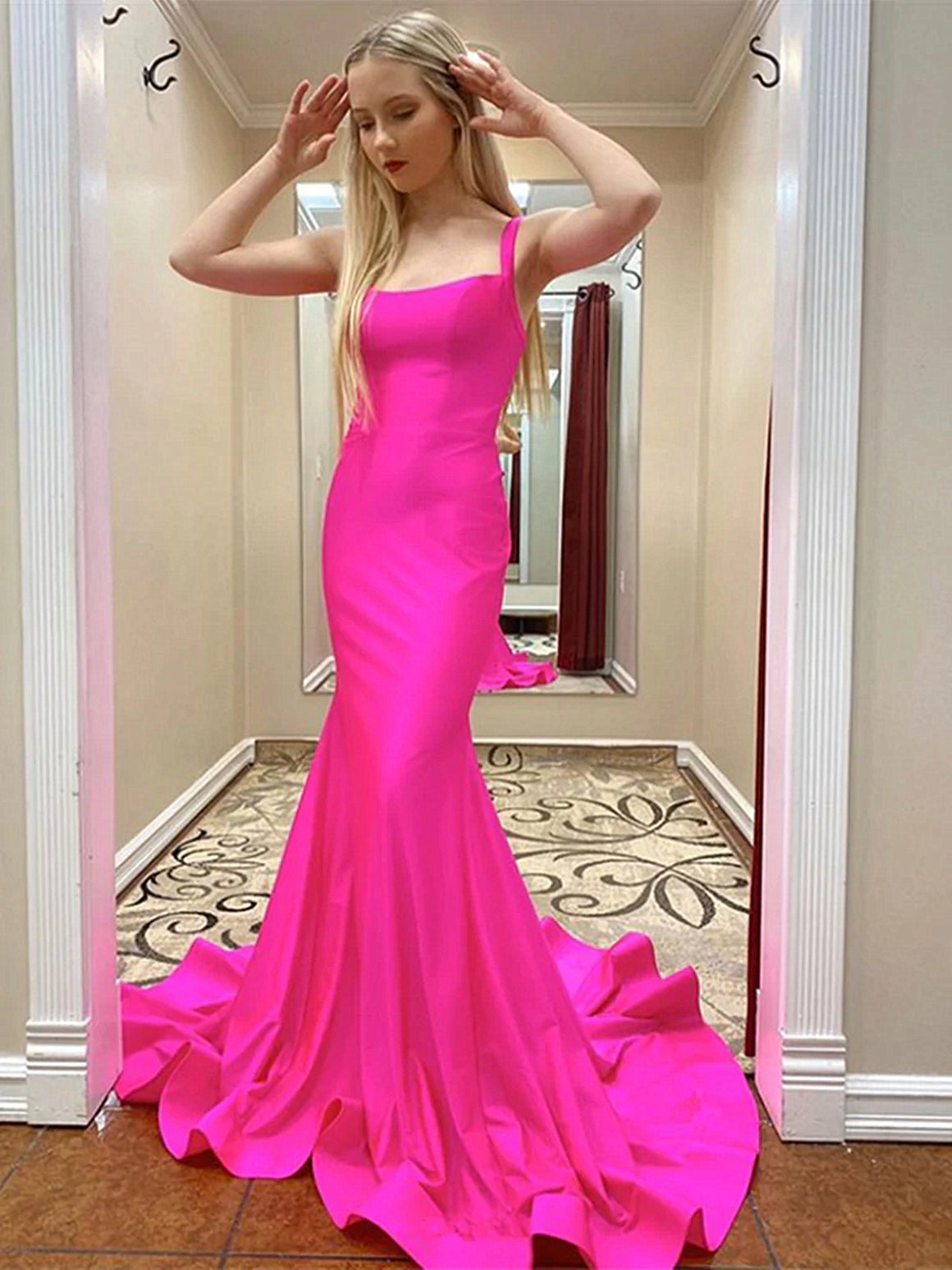 Hot Pink Mermaid Long Prom Dresses, Hot Pink Mermaid Long Formal Graduation Dresses