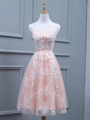 Light Pink Short Lace Prom Dresses, Light Pink Short Lace Graduation Homecoming Dresses