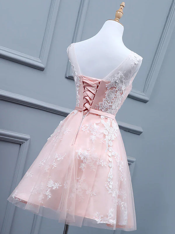 Light Pink Short Lace Prom Dresses, Light Pink Short Lace Graduation H