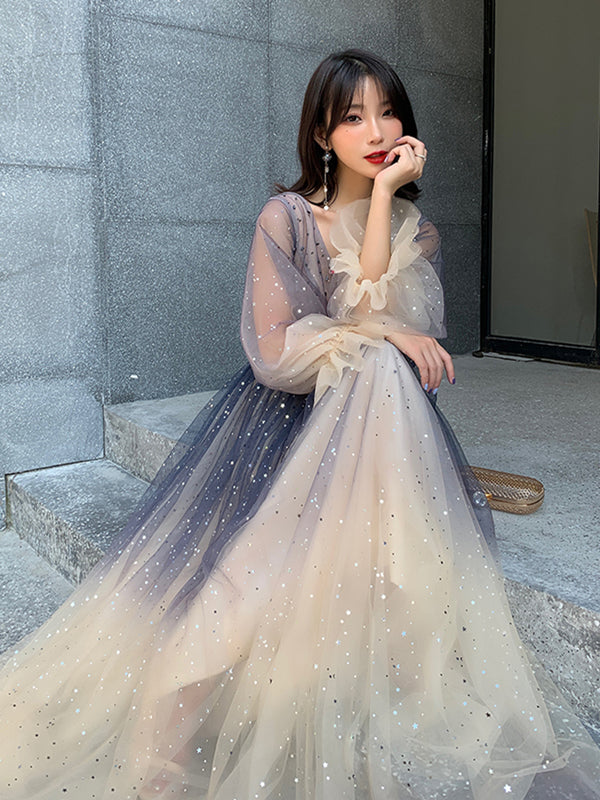 Long Sleeves Blue Ombre Beaded Prom Dresses, Long Sleeves Blue Ombre Formal Evening Dresses Long Sleeves Blue Ombre Beaded Prom Dresses, Long Sleeves Blue Ombre Formal Evening Dresses
