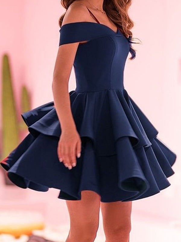 navy blue off the shoulder dress Off the Shoulder Layered Navy Blue Red Short Prom Dresses, Blue Red Homecoming Formal Dress, Custom Size / Blue As Pics / No Rush
